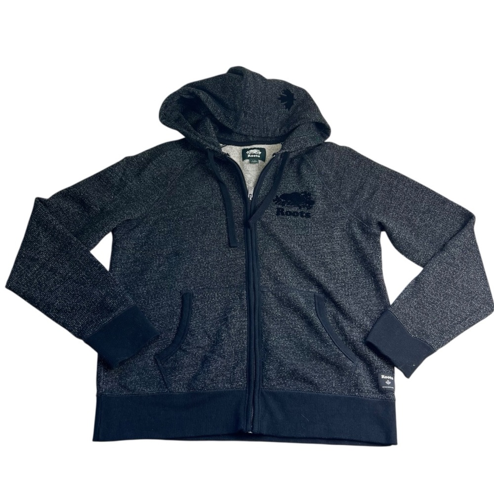 Roots Canada Large Full Zip Black/Gray Hooded Sweatshirt